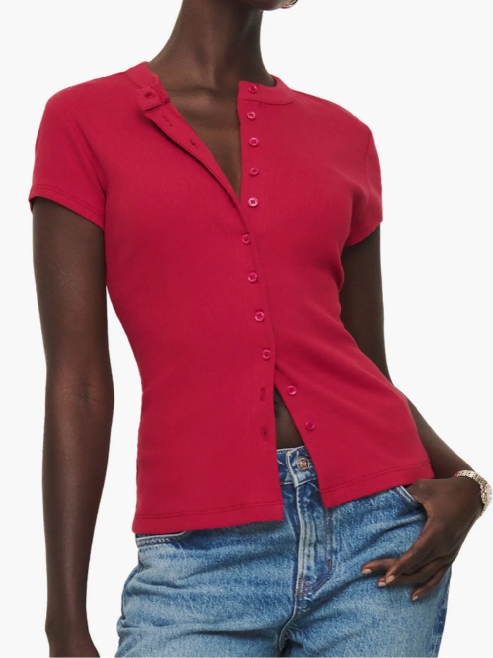 Reformation Raelynn Button Front Organic Cotton Knit Top in Lipstick Red
